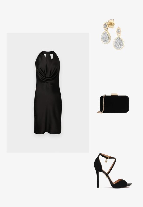 Schwarzes Satin-Halterkleid mit drapiertem Vorderteil, figurbetonendem Schnitt und Ausschnitt-Detail am Kragen, das bis zur Mitte des Oberschenkels reicht.; Schwarze Wildleder-Hochzeitsandaletten mit gekreuzten Knöchelriemen, goldenen Beschlägen, offenem Zehendesign und einer glatten Lederinnensohle.; Schwarze Samt-Clutch mit goldfarbener Hardware, rechteckiger Form und Kettenriemen, mit glatter Textur und ohne sichtbare Muster.; Tropfenohrringe mit einem goldenen Rahmen und silbernen Akzenten, verziert mit mehreren kleinen, runden glitzernden Steinen in einer dekorativen Anordnung.