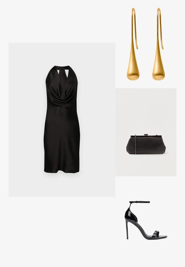 Zwart satijnen halternekjurk met een gedrapeerde voorkant, een getailleerd silhouet en een uitsnijding bij de halslijn, die tot halverwege het bovenbeen reikt.; ESTRO Sandalen - black; Zwarte mesh clutchbag met een gestructureerde silhouette, versierd met kleine metalen studs, heeft een sluiting met een klapmechanisme en een afneembare kettingriem.; Gouden druppelogen in een slank, langwerpig druppelvorm met een geborstelde afwerking en draad haken voor gemakkelijk dragen.