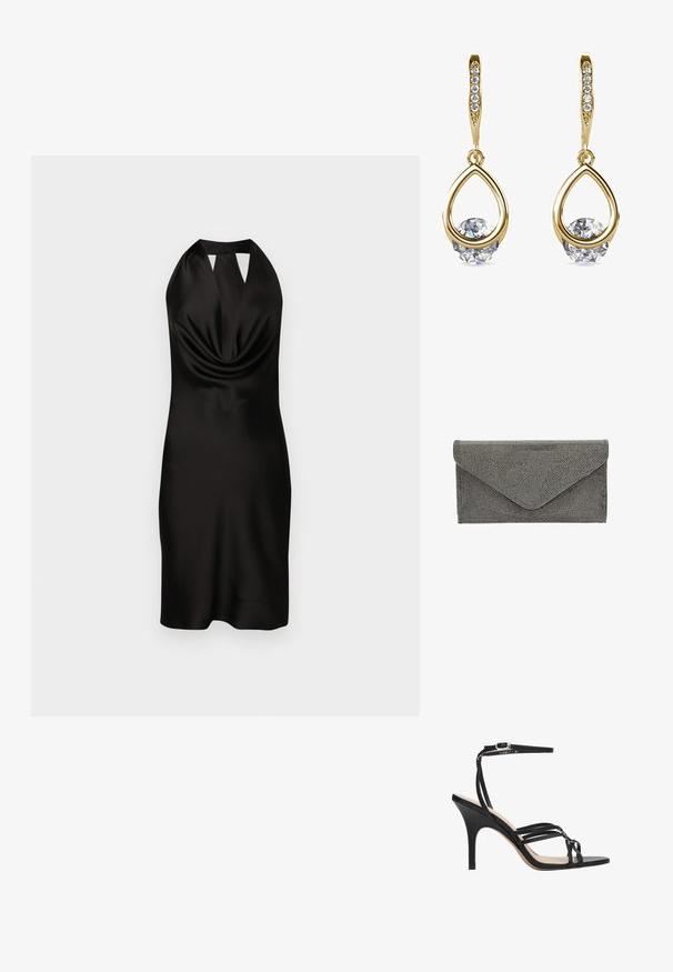 Schwarzes Satin-Halterkleid mit drapiertem Vorderteil, figurbetonendem Schnitt und Ausschnitt-Detail am Kragen, das bis zur Mitte des Oberschenkels reicht.; Schwarze Riemchen-Sandale mit hohem Absatz und schlankem Design, ausgestattet mit einem dünnen Knöchelriemen, offenem Zehenbereich und glatter Oberfläche an einem konisch zulaufenden Absatz.; Schwarze Stoffclutch mit strukturiertem, genopptem Muster und Umschlagverschluss, die eine schlanke rechteckige Form aufweist und keine sichtbaren Beschläge besitzt.; Goldene Tropfenohrringe mit runden, klaren Edelsteinen an der Basis. Texturierter Oberbereich mit kleinen, runden Akzenten entlang des Creolen.