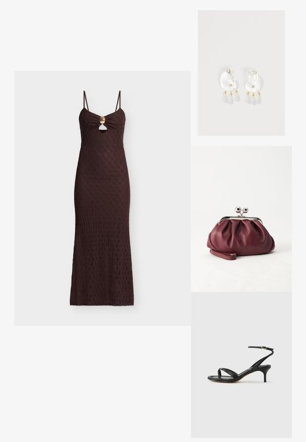 Robe maxi marron foncé sans manches avec fines bretelles, une découpe frontale sous un fermoir doré, et un motif floral texturé sur toute la surface.; Sandale pour femme en cuir noir avec fines lanières, une boucle d'orteil, une boucle à la cheville et un talon aiguille de hauteur moyenne sur un fond neutre.; Petit sac pochette en cuir bordeaux avec fermoir métallique argenté et bracelet sur fond blanc.; Boucles d'oreilles en résine transparente en forme de coquillage avec de petits accents dorés et trois breloques translucides en forme de goutte pendantes sur chaque boucle d'oreille.