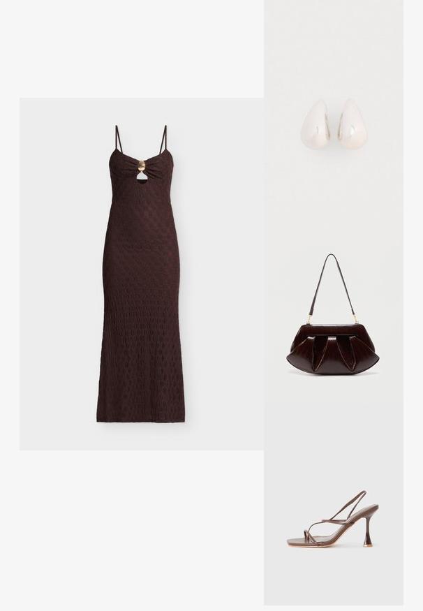 Robe maxi marron foncé sans manches avec fines bretelles, une découpe frontale sous un fermoir doré, et un motif floral texturé sur toute la surface.; Sandale à talon haut marron à brides, avec un bout carré, des brides élégantes, une finition brillante et un talon courbé distinct.; Sac à main en cuir marron foncé avec plis froncés, ferrures dorées et une seule bandoulière, sur un fond clair uni.; Boucles d'oreilles en métal argenté en forme de goutte, avec une surface lisse et réfléchissante, présentant un design sans couture et sans embellissements visibles.