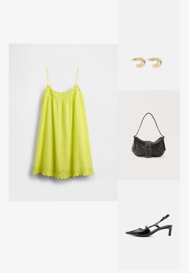 Robe caraco vert citron avec bretelles fines, tissu texturé, corsage élastique et ourlet en dentelle festonnée avec broderie florale.; Chaussure slingback en cuir verni noir à bout pointu, petit talon et deux brides réglables avec boucles, vue de profil latéral.; Sac à épaule en cuir noir avec une sangle à boucle, des bords arrondis et des coutures blanches contrastées sur un fond uni.; Boucles d'oreilles en forme de croissant en or avec une finition lisse, présentant des accents orange près du clou et un matériel en argent.