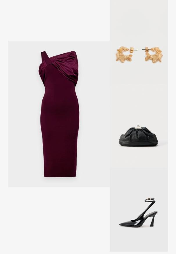 Burgundy-mekko, jossa on yksi olkaimen hihna ja laskostettu kangas yksityiskohta. Tiukasti vartaloa myötäilevä muotoilu, keskipolven pituus, sileä rakenne.; Musta patenttinen nahka slingback-korkokengät, joissa on teräväkärkinen muoto, säädettävä nilkkastrappi ja kohtuullinen lohkokorko. Sujuva pinta kiiltävällä viimeistelyllä.; Musta nahkainen clutch-laukku ryppyisellä tekstuurilla, metalliklipsisuljeksella ja hillityllä kohopainatulla logolla edessä. Pyöreä muoto.; Kultasävyiset korvakorut, joissa on abstrakti, orgaaninen muoto ja teksturoitu pinta sekä takakiinnityksellä varustettu lukko.