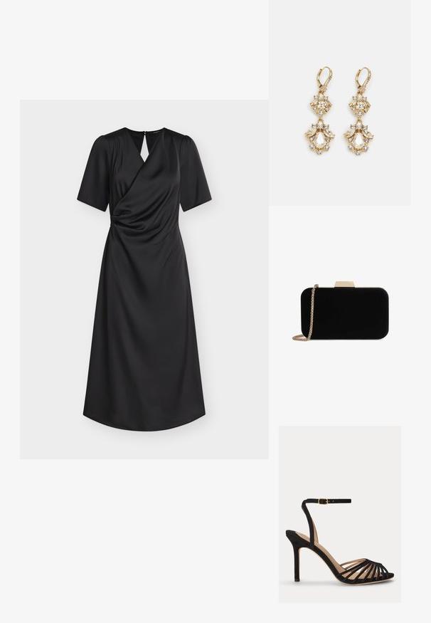 Vestido midi negro con mangas cortas, cuerpo estilo cruzado, ligero fruncido en la cintura y abertura en la espalda con cierre de botón.; Sandalia negra de tacón alto con puntera abierta, múltiples tiras delanteras finas y una correa ajustable en el tobillo con hebilla dorada.; Clutch de terciopelo negro con herrajes en tono dorado, de forma rectangular y con correa de cadena, que presenta una textura suave y sin patrones visibles.; Pendientes colgantes en tono dorado con un diseño de racimo que incluye cristales claros en forma redonda y de lágrima, mostrando un detallado intrincado.