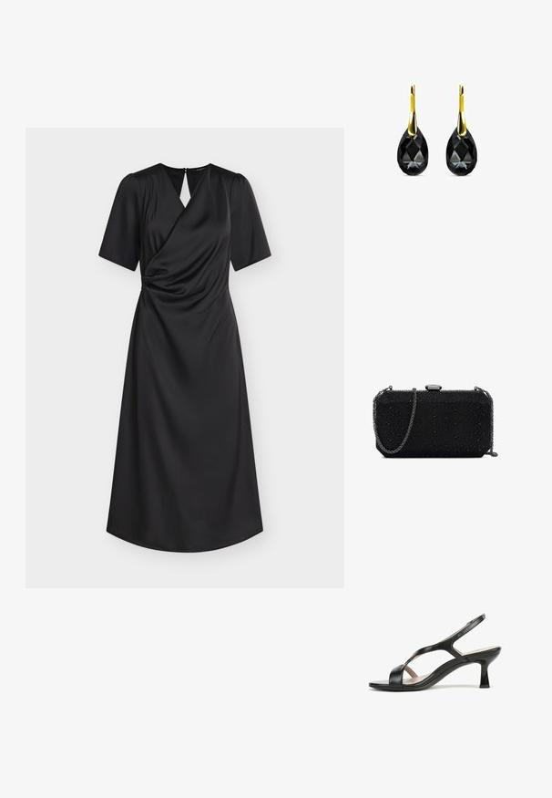 Zwarte midi-jurk met korte mouwen, overslag-bovenstuk, lichte plooien in de taille en een rugopening met knoopsluiting.; Zwarte leren slingback sandaal met open teen, voorzien van een gebogen ontwerp en een korte blokhak voor stabiliteit. Glad oppervlak en minimale details.; Kleine zwarte rechthoekige clutch met een getextureerd, gestudeerd oppervlak en een fijne metalen kettingriem tegen een witte achtergrond.; Zwarte kristallen druppeloorbellen met een teardrop-vorm, voorzien van een gepolijste gele gouden haak. Het kristal is gefacetteerd voor extra sprankeling.