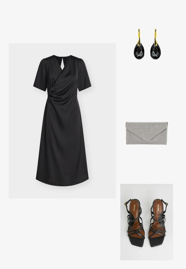 Schwarzes Midikleid mit kurzen Ärmeln, Wickel-Oberteil, leichter Raffung in der Taille und rückseitigem Schlüsselloch mit Knopfverschluss.; Schwarze Absatzsandalen mit mehreren schmalen Riemen, quadratischer Zehenpartie, braunen Innensohlen und einem goldenen Schnallen-Detail am Knöchelriemen.; Silberne Clutch mit strukturierter, genoppter Oberfläche. Verfügt über ein Umschlagdesign mit schrägem Klappenverschluss und kontrastierendem schwarzen Rand.; Schwarze Kristall-Ohrringe in Tropfenform, ausgestattet mit einem polierten Gelbgold-Haken. Der Kristall ist facettiert für zusätzlichen Glanz.