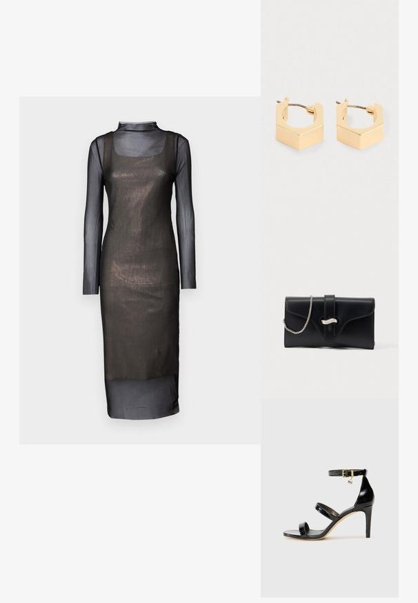Robe longue en mesh noir à manches longues avec une silhouette ajustée. Dotée d'un décolleté carré et d'un revêtement transparent. Texture lisse avec un design en couches.; Sandale en cuir verni noir avec trois brides, boucle de cheville et talon aiguille de 10 cm. Présente un détail en métal doré et un charm logo.; Pochette en cuir noir avec une bandoulière en chaîne argentée et un fermoir argenté sur le devant, présentée sur un fond blanc uni.; Une paire de petites boucles d'oreilles géométriques en ton or avec des bords angulaires et des fermoirs à tige sur un fond clair.