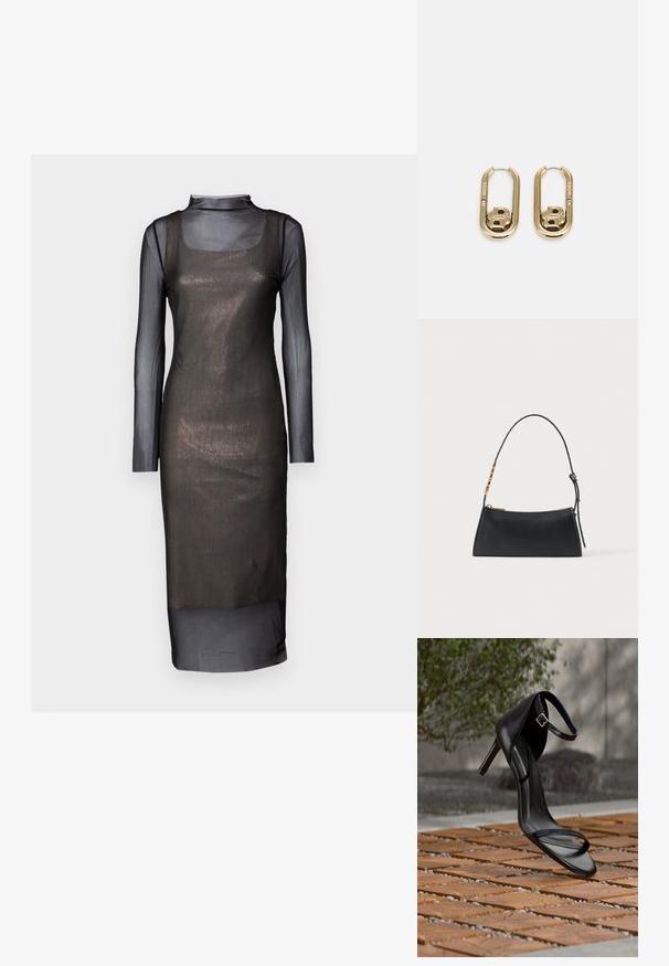 Zwarte mesh jurk met lange mouwen en een aansluitende silhouet. Heeft een vierkante halslijn en een doorschijnende overlay. Zachte textuur met een gelaagd ontwerp.; Zwarte hoge hak sandaal met enkelbandje zweeft boven een houten tegelvloer buiten, met een onscherpe groene en stenen achtergrond.; Zwarte leren handtas met een gouden ritssluiting en verstelbare band met gouden rechthoekige details op een witte achtergrond.; BOSS DOUBLE B SWING - Oorbellen - gold-coloured