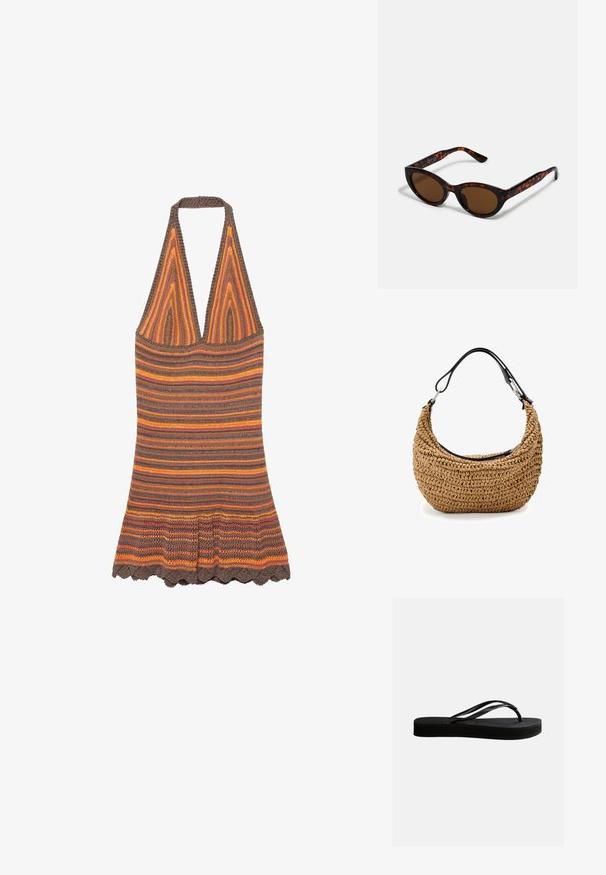 Robe dos nu en maille avec des rayures horizontales orange, marron et rose, ourlet évasé et profond décolleté en V.; Tongs en caoutchouc noir avec semelle texturée et bride en forme de Y, vues de côté sur un fond clair uni.; Lunettes de soleil en écaille de tortue marron avec une forme vintage de lunettes cat-eye et des verres marron. Présente des branches courbées avec des accents rouges.; Sac à main en paille tissée beige à silhouette courbée, doté d'une bandoulière en cuir noir et d'accents métalliques argentés. Finition texturée.