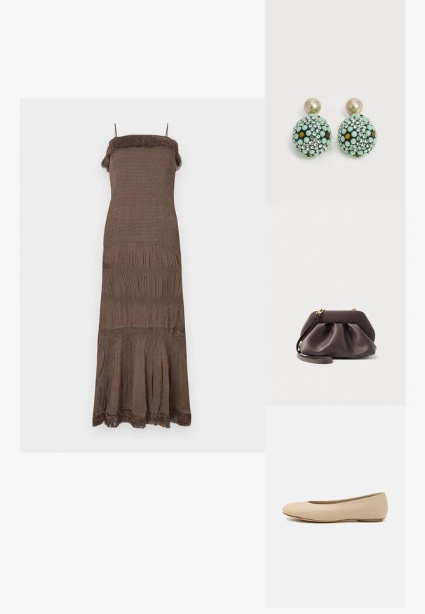 Brown, sleeveless dress featuring a smocked bodice, tiered skirt, and fringe detailing at the neckline and hem. Soft, textured fabric.; Beige leather ballet flat with rounded toe, minimal seam detailing, low heel, and subtle logo on the back. Smooth, matte texture.; Dark brown soft leather clutch with gold hardware and a detachable strap, featuring a gathered, ruched design on a plain background.; Round stud earrings with large pearl tops and spherical drops covered in mint green, amber, and clear rhinestones.
