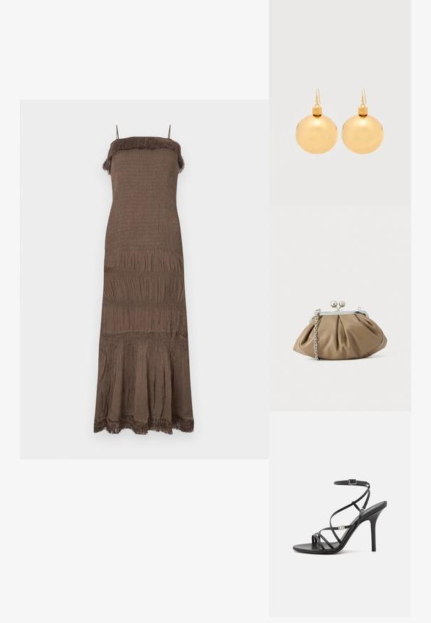 Brown, sleeveless dress featuring a smocked bodice, tiered skirt, and fringe detailing at the neckline and hem. Soft, textured fabric.; Black high-heeled sandal with thin straps, an ankle buckle, a smooth leather surface, and a slender stiletto heel.; Leather clutch in soft beige with a rounded shape, pleated texture, silver kiss-lock closure, and a detachable chain strap.; Pair of shiny gold Christmas bauble earrings with hook fastenings on a plain white background.