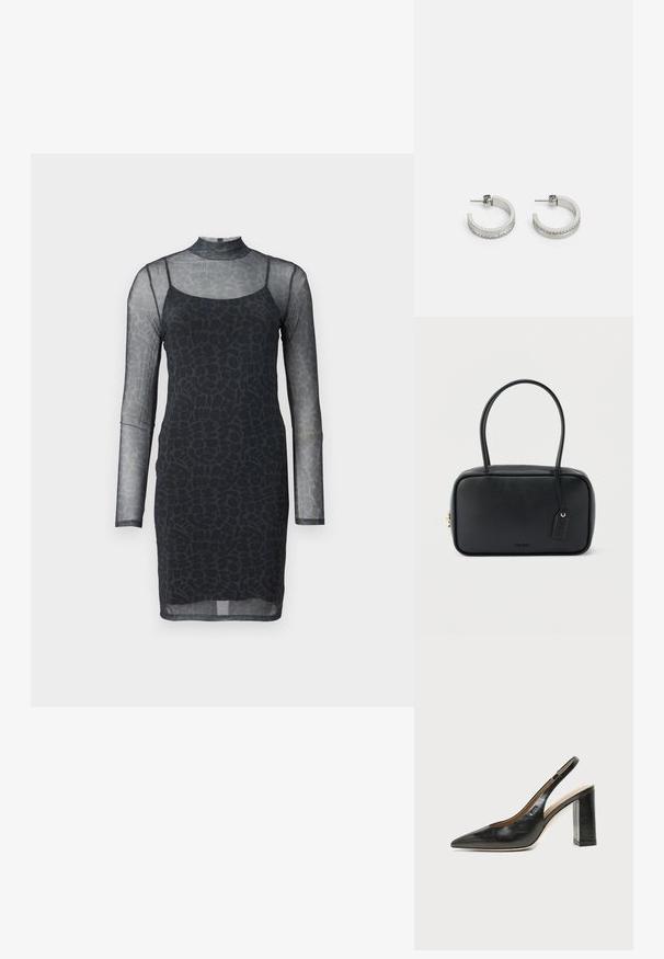 Vestido negro con mangas largas transparentes y cuello alto. Presenta una silueta ajustada y un patrón texturizado abstracto integrado en la tela.; Zapato slingback de piel negra con puntera puntiaguda, tacón alto y ancho, y forro interior beige sobre un fondo claro y liso.; Bolso rectangular negro con asas dobles redondeadas, cremallera dorada y logo "HUGO" en relieve en el frente con etiqueta de cuero adjunta.; Pendientes de aro plateados con una superficie lisa y una fila de pequeñas piedras transparentes a lo largo del borde inferior, con cierre de perno.