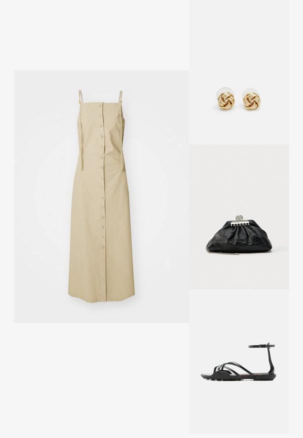 Khaki midi kleit spagetti rihmadega, nupuga ees sulgemine ja minimalistlik disain pehmest tekstureeritud kangast. Ilma mustrite või aktsentideta.; Mustad madalad sandaalid õhukeste rihmadega, mis ristuvad varvaste peal, ning pandlaga pahkluu rihm, millel on veidi tekstuuriga tald libisemise vältimiseks.; Mustast nahast käekott kogutud disainiga, hõbedane klamber ja ketist rihm. Esiküljel on peenelt reljeefne bränd.; Kuldse tooni sõlm kõrvarõngad, millel on keeratud disain. Igal kõrvarõngal on ringikujuline läbipaistev tagaosa, mis tagab kindla kandmise.