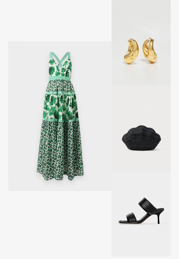 Grünes, blumiges Maxidress mit tailliertem Oberteil, gekreuzten Trägern, schichtweise Design und karierten Akzenten. Hergestellt aus leichtem Stoff.; Schwarze Leder-Mule-Sandale mit zwei breiten Riemen und einem schlanken, mittelhohen Stilettoabsatz auf einem schlichten hellen Hintergrund.; Schwarze Korbtasche in Muschelform mit gebogenem Oberteil und gewebter Textur auf einfarbigem Hintergrund.; Goldene Creolen mit einer glatten, geschwungenen Form und polierter Oberfläche. Mit einem Verschlussmechanismus und leichten Einkerbungen für Details.