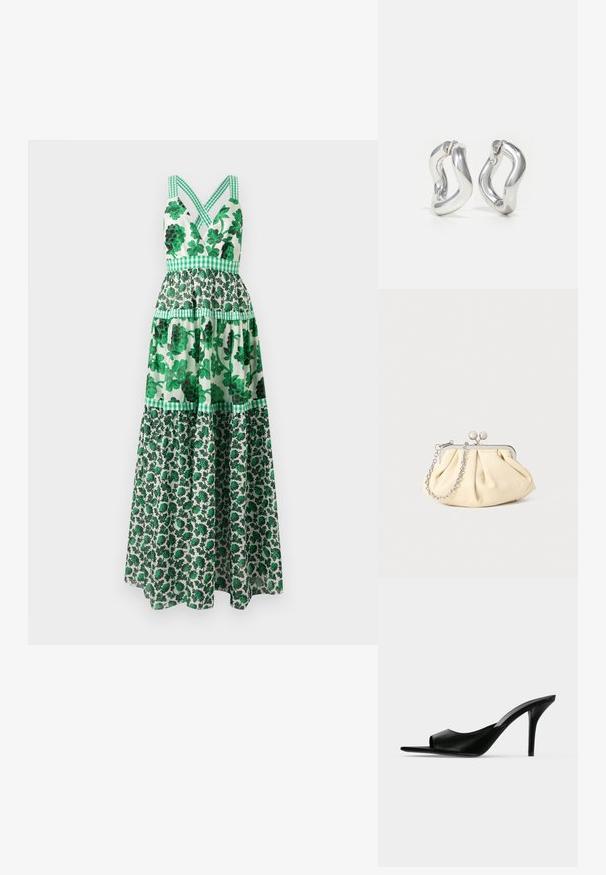 Vestido maxi floral verde con un corpiño ajustado, tirantes cruzados, diseño de volantes y acentos a cuadros. Hecho de una tela ligera.; Mule de piel negra con punta abierta y tacón alto de aguja fino, mostrado de perfil sobre un fondo liso.; Clutch de cuero beige plisado con un marco de metal plateado, que cuenta con dos broches decorativos redondos y una correa de cadena plateada.; Pendientes de aro plateados con un diseño retorcido. Bordes redondeados y acabado brillante. Cierres abiertos para un fácil uso. Textura suave en toda la superficie.