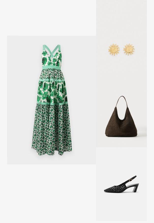Grøn blomster maxi-kjole med en tætsiddende bodice, krydsede stropper, lagdelt design og ternede detaljer. Fremstillet af letvægtsstof.; Sort vævet slingback-sko med lav blokhæl og guldbeklædning på sidespændet, vist i profil mod ensfarvet baggrund.; Mørkebrun skuldertaske med mønstret blomsterhækling og en enkelt tynd strop på ensfarvet baggrund.; Guldøreringe i solform med spiralcentre og bølgede stråler, lavet af metal med en poleret finish. Ingen yderligere udsmykninger.