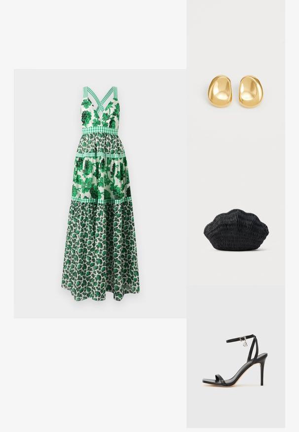 Vestido maxi floral verde con un corpiño ajustado, tirantes cruzados, diseño de volantes y acentos a cuadros. Hecho de una tela ligera.; Sandalia de tacón alto negra con una estrecha correa en el tobillo, punta cuadrada, material de cuero liso y detalle de hebilla metálica.; Bolso de mimbre negro con forma de concha de vieira con parte superior curva y textura tejida sobre un fondo liso.; Pendientes de studs en color dorado con una forma suave y redondeada y una superficie reflectante, que exhiben un diseño minimalista y sin patrones visibles.