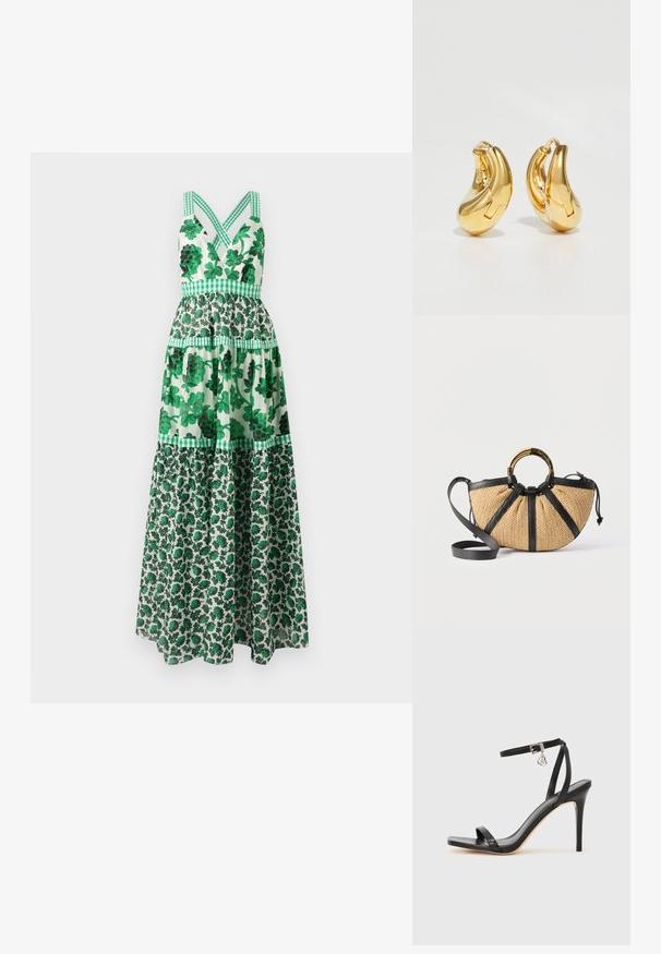 Vestido maxi floral verde con un corpiño ajustado, tirantes cruzados, diseño de volantes y acentos a cuadros. Hecho de una tela ligera.; Sandalia de tacón alto negra con una estrecha correa en el tobillo, punta cuadrada, material de cuero liso y detalle de hebilla metálica.; Bolso tejido con ribete de cuero negro, asa circular de oro y carey, y una correa desmontable para el hombro de cuero negro.; Pendientes de aro de oro con forma curva y suave, y acabado pulido. Presentan un mecanismo de cierre y ligeras indentaciones para un toque de detalle.