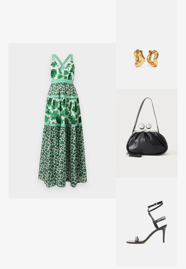 Vestido maxi floral verde con un corpiño ajustado, tirantes cruzados, diseño de volantes y acentos a cuadros. Hecho de una tela ligera.; Sandalia negra de tacón alto con tira delgada en el tobillo, tira en la parte media del pie decorada con eslabones de cadena plateados y diseño de punta abierta.; Bolso de mano de cuero negro con diseño fruncido, una sola correa, marco metálico plateado y dos cierres grandes redondos de plata.; Pendientes de aro en tono dorado con un diseño ondulado, que presentan una superficie lisa y brillante y una forma aerodinámica. Sin cierres visibles.