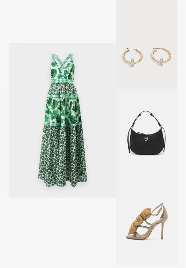Vestido maxi floral verde con un corpiño ajustado, tirantes cruzados, diseño de volantes y acentos a cuadros. Hecho de una tela ligera.; Sandalia de tacón stiletto beige con un acento de paja trenzada en la parte delantera, diseño de tiras y parte trasera cerrada. Parte superior y suela de cuero suave.; Bolso de mano de cuero negro con forma curva. Presenta un logo dorado, un cierre de cremallera y dos asas de cuero. Textura suave y diseño minimalista.; Par de pendientes de aro en tono dorado con pequeño detalle de aro en tono plateado en cada uno, expuestos sobre un fondo gris claro.