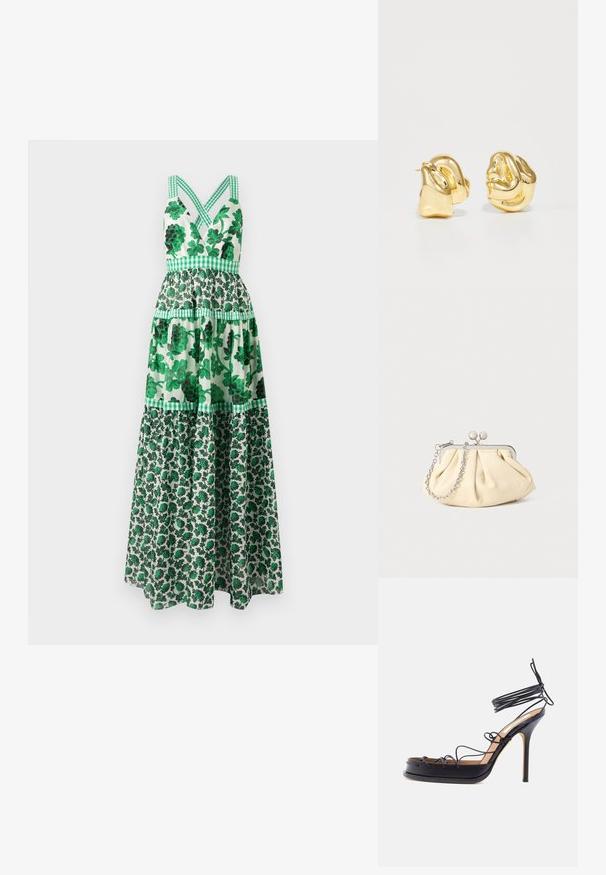Grøn blomster maxi-kjole med en tætsiddende bodice, krydsede stropper, lagdelt design og ternede detaljer. Fremstillet af letvægtsstof.; Sort højt hælede sandal med tynde læderremme, der vikles omkring foden og anklen, med en spids stilethælhæl.; Plisseret beige læderclutch med en sølvmetalramme, der har to runde dekorative låse og en sølvkædetrasporte.; Guldtonede metalstud øreringe med et skulpturelt, snoet design. Glat, blank overflade med en afrundet form og ingen synlige udsmykninger.