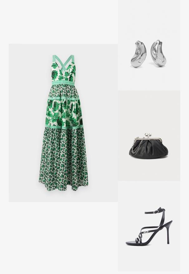 Grøn blomster maxi-kjole med en tætsiddende bodice, krydsede stropper, lagdelt design og ternede detaljer. Fremstillet af letvægtsstof.; Sort højhælet sandal med tynde stropper, ankelspænde og en metal-logo detalje på siden af stroppen, sat mod en hvid baggrund.; Sort læder clutch med samlet tekstur, sølvfarvet metalramme, kys-lås lukning og kædestrop. Glat, blød overflade.; Sølvøreringe med en buet, blank finish og et sømløst design. Har en hængsellukning for sikker bæring.