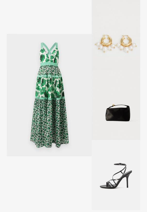 Grünes, blumiges Maxidress mit tailliertem Oberteil, gekreuzten Trägern, schichtweise Design und karierten Akzenten. Hergestellt aus leichtem Stoff.; Schwarze High-Heel-Sandale mit dünnen Riemen, einem Knöchelverschluss, einer glatten Lederoberfläche und einem schlanken Stiletto-Absatz.; Schwarze Satinbeuteltasche mit runder Form, einem oberen Griff und einem goldenen Verschlussakzent. Glatte Oberfläche mit minimalistischer Gestaltung.; Goldene Creolen mit drei hängenden weißen Perlen, gesichert mit Drahtakzenten. Glatte metallische Oberfläche mit einem polierten Look.