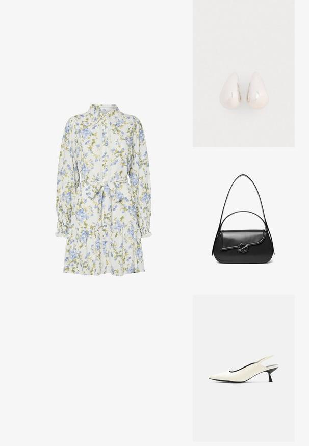 Witte bloemenjurk met lange mouwen, blauwe en groene bloemen, knoopsluiting aan de voorkant, kanten bies, een gestrikte tailleband en een uitlopende zoom.; Crèmekleurige slingback schoen met puntige neus, lage zwarte kittenhak en een gladde leren afwerking op een witte achtergrond.; Zwarte leren schoudertas met een gebogen klep die is bevestigd met een ronde metalen sluiting en een smalle, verstelbare band.; Zilveren metalen druppeloorbellen met een gladde, reflecterende oppervlakte en een druppelvorm, voorzien van een naadloos ontwerp en zonder zichtbare versieringen.