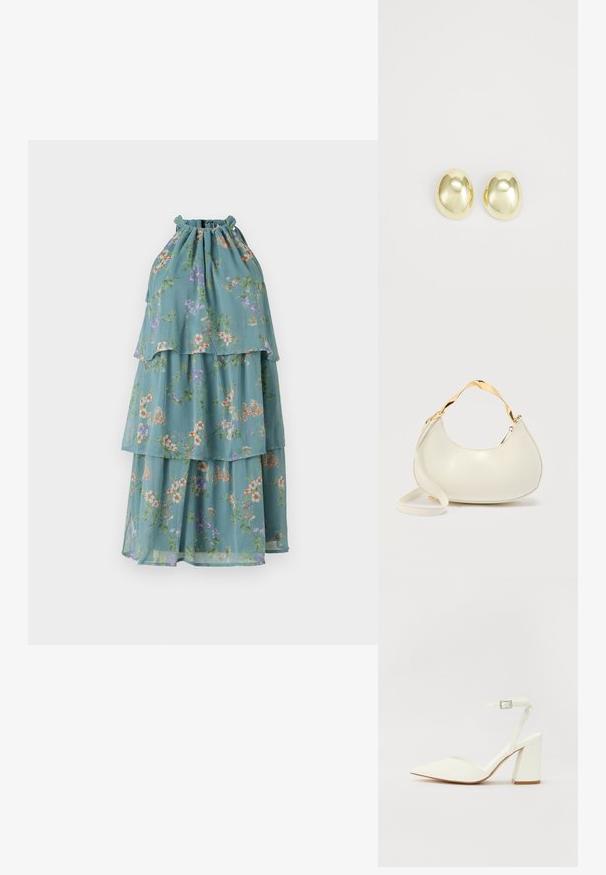 Vestido sin mangas en tela verde claro con estampados florales, que presenta un escote fruncido y capas en tiers para un diseño fluido.; Sandalia blanca de tacón con puntera afilada, correa ajustable en el tobillo y un tacón cuadrado grueso. Textura lisa con detalles de costura mínimos.; Bolso en forma de media luna de color crema con asa corta brillante dorada y correa larga a juego sobre un fondo liso y claro.; Pendientes de metal en tono dorado, con forma suave y redondeada y acabado pulido. Diseño sencillo sin adornos adicionales.