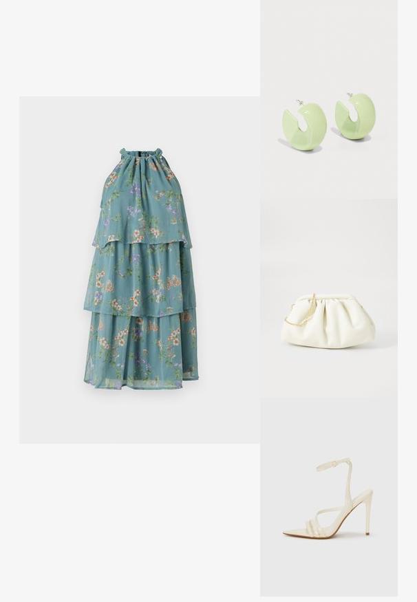 Vestido sin mangas en tela verde claro con estampados florales, que presenta un escote fruncido y capas en tiers para un diseño fluido.; Sandalias de tacón alto beige con punta estrecha, que cuentan con tres tiras frontales y una tira delgada en el tobillo con hebilla. Textura lisa, diseño minimalista.; Bolso de mano de cuero blanco con un diseño recogido, cuenta con una cadena dorada y forma redondeada. Textura suave con pliegues suaves y sin patrones.; Pendientes de aro verdes translúcidos con un diseño curvado y abierto y un acabado pulido. Cuentan con un cierre tipo brote para un uso seguro.