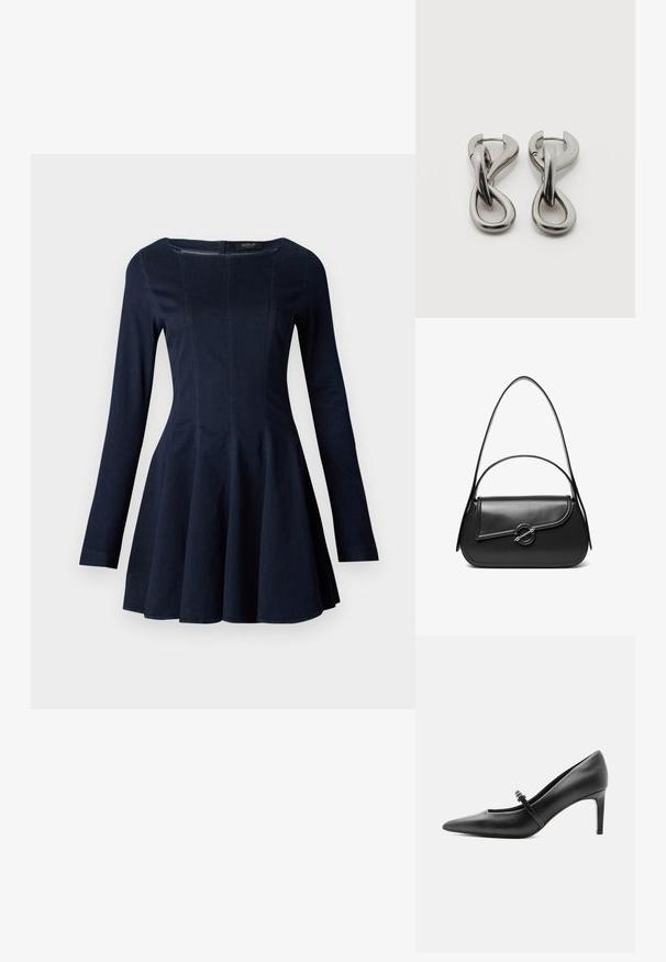 Navyblaue Denim-Langarmkleid mit tailliertem Oberteil und ausgestelltem Rock, ausgestattet mit dezentem Nahtdetail und rundem Ausschnitt.; Schwarzer Leder-Pumps mit spitzer Zehenpartie, dünnem Riemen und Schnalle über dem Spann, stehend auf hellem neutralem Hintergrund.; Schwarze Lederschultertasche mit einer geschwungenen Klappe, die durch einen runden Metallverschluss gesichert ist, und einem schlanken, verstellbaren Riemen.; Paar silberfarbene Metallohrringe mit abstraktem ineinandergreifendem Schlaufen-Design auf weißem Hintergrund.