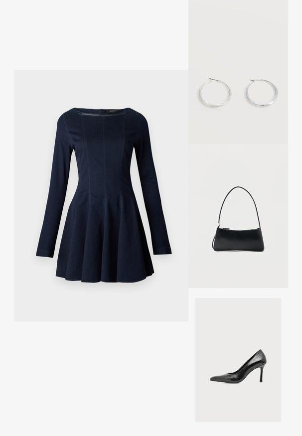 Navyblaue Denim-Langarmkleid mit tailliertem Oberteil und ausgestelltem Rock, ausgestattet mit dezentem Nahtdetail und rundem Ausschnitt.; Schwarzer glänzender Damenschuh mit hohem Absatz, spitzer Vorderkappe und schlankem Stiletto-Absatz, seitlich auf einfarbig hellem Hintergrund gezeigt.; Schwarze rechteckige Handtasche mit dünnem Riemen und Reißverschluss, vor einem schlichten weißen Hintergrund.; Silberne Metallcreolen mit glatter, leicht gebogener Oberfläche und Klappverschluss vor schlicht weißem Hintergrund.