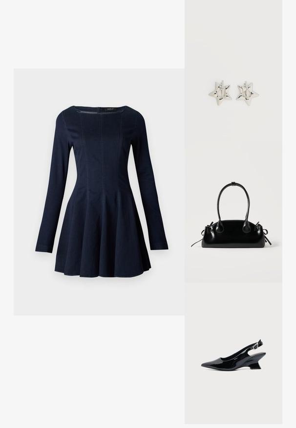 Navyblauwe denim jurk met lange mouwen, een aansluitend lijfje en een uitlopende rok, met subtiele naaddecoraties en een ronde halslijn.; Zwarte lakleren slingback schoen met spitse neus en lage schuine blokhak op een effen lichte achtergrond.; Kleine zwarte glanzende handtas met twee lange hengsels en zijkant trekkoord details op een effen lichte achtergrond.; Zilverkleurige stervormige oorringen met een gladde, gepolijste afwerking op een effen witte achtergrond.