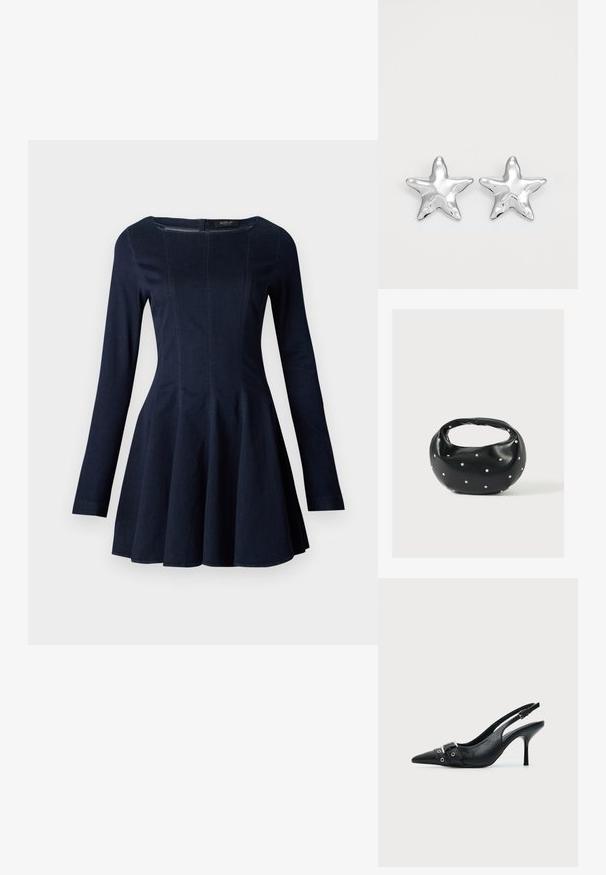 Navyblauwe denim jurk met lange mouwen, een aansluitend lijfje en een uitlopende rok, met subtiele naaddecoraties en een ronde halslijn.; Zwarte leren pumps met hoge hak en slingback, met een puntige neus en een gesp- en oogjesriem detail aan de voorkant.; Zwarte leren handtas met een afgeronde vorm, versierd met zilveren studs, en een korte handgreep. Gladde textuur en ritsluiting.; Zilveren stervormige oorbellen met een gepolijste, glanzende afwerking. Elke oorbel heeft vijf punten en subtiele textuurdetails op het oppervlak.