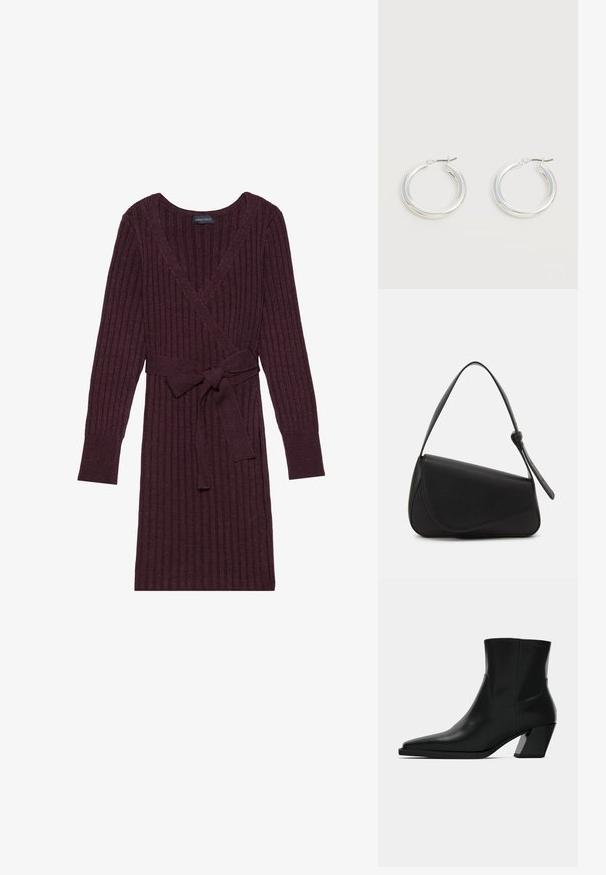 Robe portefeuille côtelée bordeaux à manches longues, décolleté en V et ceinture assortie à la taille. Texture douce avec un motif vertical.; Bottine en cuir noir avec un bout pointu, une silhouette élégante et un talon carré massif. Texture lisse avec des détails de couture minimalistes.; Sac à main en cuir noir de forme triangulaire, avec un rabat incliné et une poignée supérieure arrondie. Il présente une texture lisse et des détails de design minimalistes.; Paire de boucles d'oreilles créoles moyennes argentées brillantes avec de fines attaches métalliques sur un fond clair et neutre.