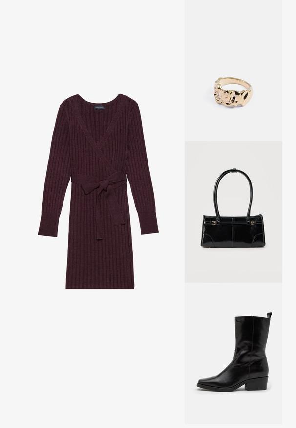 Robe portefeuille côtelée bordeaux à manches longues, décolleté en V et ceinture assortie à la taille. Texture douce avec un motif vertical.; Bottines en cuir noir avec un bout pointu, un petit talon carré et un détail de couture. Elles sont dotées de panneaux élastiques sur les côtés pour un enfilage facile.; Sac à main rectangulaire noir brillant avec deux fines bretelles et petits détails de boucles dorées à l'avant.; Bague en or avec un design texturé et ondulé. Surface lisse et polie avec un anneau arrondi. Présente une forme organique distinctive.