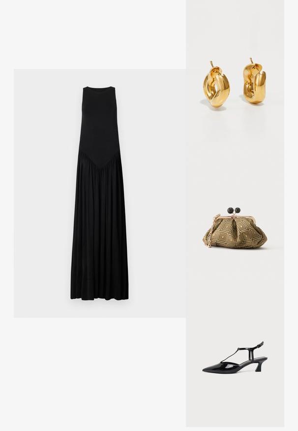 Schwarzes ärmelloses Maxikleid mit taillierter Brustpartie, einer V-förmigen Nahtdetails an der Taille und einem fließenden, gerafften Rock. Glatte Textur.; Schwarzer Slipper aus Lackleder mit spitz zulaufender Kappe, T-Riemen und niedrigem, schrägem Blockabsatz vor weißem Hintergrund.; Kleine Clutch mit goldenem und schwarzem geometrischem Muster, goldfarbenem Metallrahmen, schwarzem Kugelverschluss und kurzem goldfarbenem Kettenriemen.; Fette goldene Creolen mit einem leicht verdrehten, röhrenförmigen Design und Steckverschlüssen auf einem weißen Hintergrund.