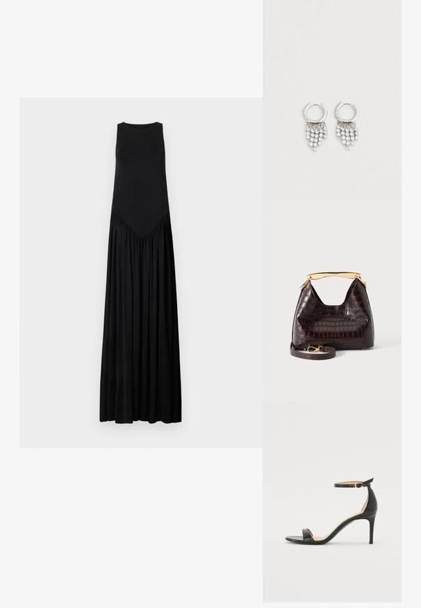 Schwarzes ärmelloses Maxikleid mit taillierter Brustpartie, einer V-förmigen Nahtdetails an der Taille und einem fließenden, gerafften Rock. Glatte Textur.; Schwarze Leder-high-heeled Sandale mit Knöchelriemen. Verfügt über eine glatte Textur, offene Zehen und einen dünnen Absatz. Goldfarbener Schnallenakzent.; Dunkelbraune Handtasche mit Krokodilstruktur, gebogenem goldfarbenem Griff und abnehmbarem passenden Riemen mit goldener Schnalle, auf weißem Hintergrund dargestellt.; Silberne Creolenohrringe mit kaskadierenden Reihen kleiner, funkelnder klarer Edelsteine, die in gestuften Reihen vor einem weißen Hintergrund hängen.