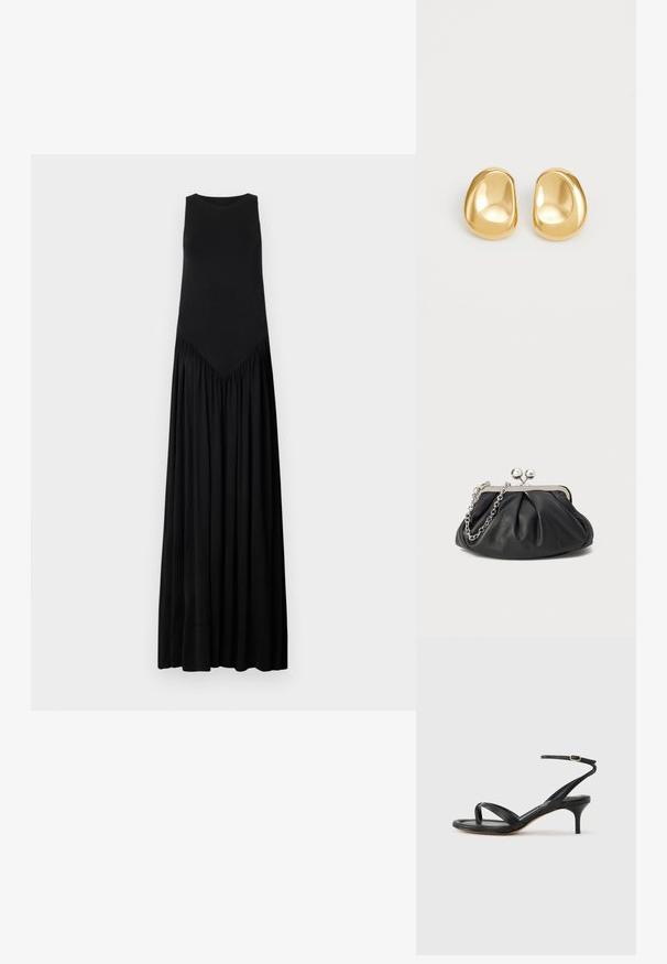 Schwarzes ärmelloses Maxikleid mit taillierter Brustpartie, einer V-förmigen Nahtdetails an der Taille und einem fließenden, gerafften Rock. Glatte Textur.; Schwarze Ledersandale für Damen mit dünnen Riemchen, einer Zehenlasche, einer Knöchelschnalle und einem mittelhohen Stöckelabsatz vor neutralem Hintergrund.; Schwarze Leder-Clutch mit geraffter Textur, silberfarbener Metallrahmen, Druckverschluss und Kettenriemen. Glatte, weiche Oberfläche.; Goldfarbene Ohrstecker mit einer glatten, runden Form und einer reflektierenden Oberfläche, die ein minimalistisches Design ohne sichtbare Muster zeigen.