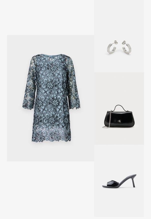 Blaues Spitzenkleid mit Dreiviertelärmeln, floralem Muster, gewelltem Saum und rundem Halsausschnitt. Durchsichtiger Stoff mit einem Kontrast in der Textur.; Schwarze Sandalen mit Absatz aus Lackleder, offenem Zehenbereich, mit geschwungenem Obermaterial und spitz zulaufendem Stilettoabsatz. Glatte, glänzende Oberfläche.; Schwarze Lederhandtasche mit einer Kettenriemen, strukturierter Form und einem silbernen Logo-Akzent. Glatte Textur mit einem Klappenverschluss.; Silberne Metall-Hoops mit strukturiertem Design, ausgestattet mit einem kleinen Steckverschluss und Branding an einem Hoop. Abgerundete Form mit glänzender Oberfläche.