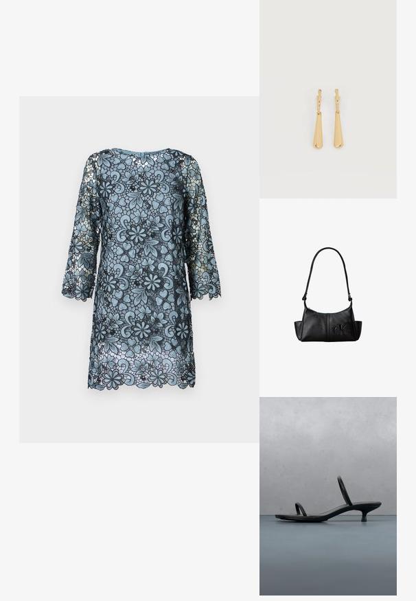 Blaues Spitzenkleid mit Dreiviertelärmeln, floralem Muster, gewelltem Saum und rundem Halsausschnitt. Durchsichtiger Stoff mit einem Kontrast in der Textur.; Schwarze Calvin Klein Sandalette mit dünnen Riemen und Absatz, balanciert auf Holzfliesen im Freien neben einer Wand und Grünpflanzen.; Schwarze Leder-Schultertasche mit langem Träger, Seitentaschen und eingeprägtem Calvin Klein-Logo auf der Vorderseite.; Ohrhänger in Gold-Ton mit glatten, länglichen Tropfenanhängern, die an kleinen Creolenverschlüssen hängen, auf weißem Hintergrund.