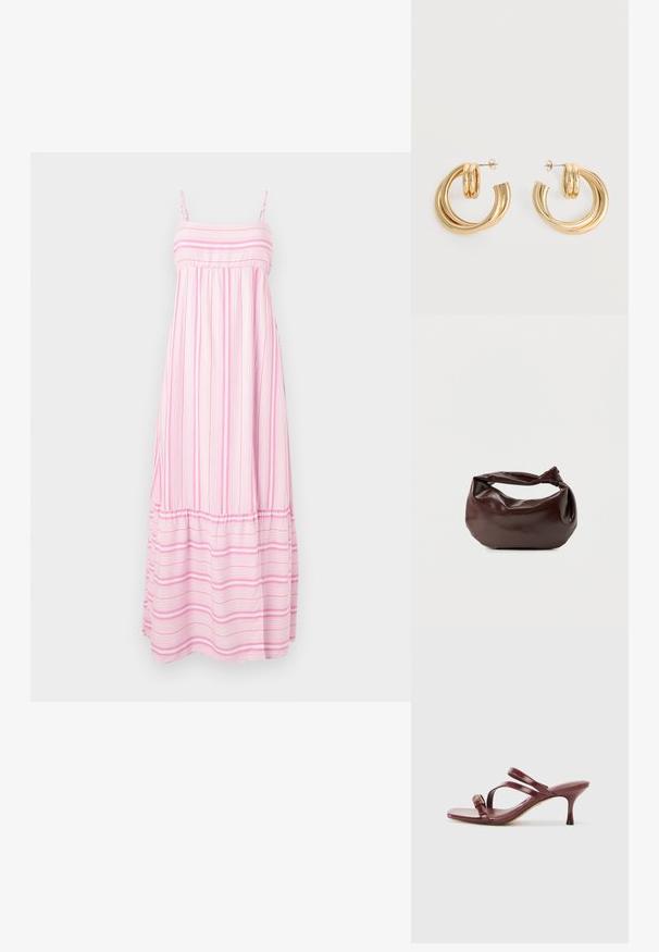 Hollister Co. BABYDOLL MAXI - Maksikleit - light pink/white; Burgundi patendi nahkkingade kõrge kontsaga sandaalid ruudukujulise varba, kahe kitsaste rihmaga ja külge paigaldatud dekoratiivse kuldse pandlaga.; Tumepruunast nahast õlakott, pehme ja lõdva vormiga, keeratud sõlme tüüpi sangaga, valgel ühevärvilisel taustal.; Sädelevad kuldsed topeltringidega kõrvarõngad postitaga valgel taustal.