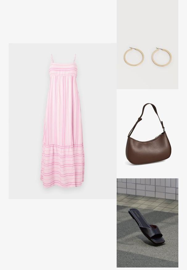Hollister Co. BABYDOLL MAXI - Maxi šaty - light pink/white; Tmavohnedá sandála s otvorenou špičkou, štvorcovým tvarom špičky a širokým remienkom, ležiaca na sivom asfalte pri dláždenom chodníku.; Malá hnedá kožená kabelka cez rameno s nastaviteľným popruhom a zapínaním na zips, zobrazená na bielom pozadí. Bez viditeľného loga alebo ozdôb.; Pár hladkých zlatých kruhových náušníc strednej veľkosti so závesnými zapínaniami na jednoduchom svetlom pozadí.
