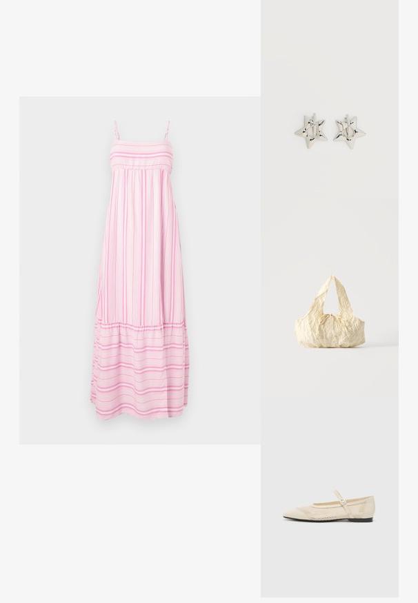 Hollister Co. BABYDOLL MAXI - Μάξι φόρεμα - light pink/white; Μπεζ μπαλαρίνες με μυτερή μύτη, επικάλυψη από δίχτυ και λουράκι με αγκύλη στο πλάι. Ίσια σόλα με λεία υφή.; Τσάντα από υφασμάτινο κρεμ με υφή, με χερούλια κορυφής και μια μικρή δεμένη φιόγκο στο κέντρο μπροστά.; Ασημένια σκουλαρίκια κρίκοι σε σχήμα αστεριού με λείο, γυαλιστερό φινίρισμα σε απλό λευκό φόντο.