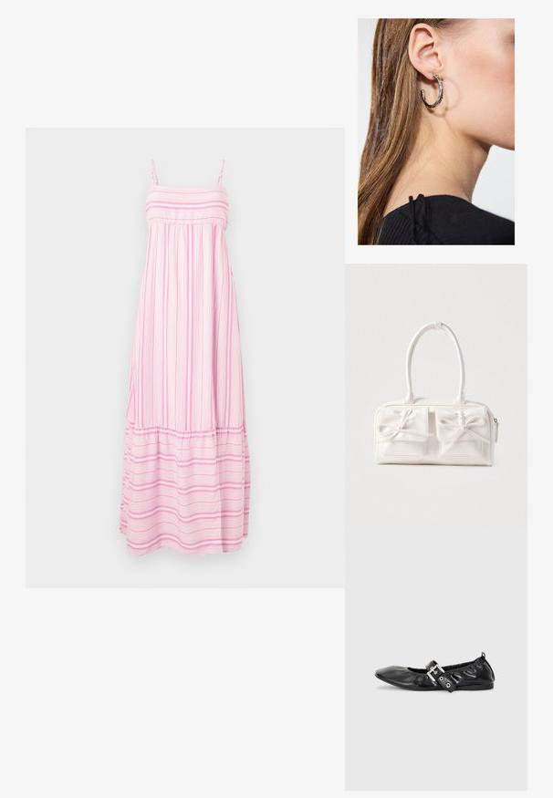 Hollister Co. BABYDOLL MAXI - Maxi šaty - light pink/white; Čierna kožená plochá obuv s špicatou špičkou, zberaným detailom okolo otvoru a strieborným prackovým akcentom na nastaviteľnom remienku.; Biela syntetická kabelka s dvoma prednými vreckami, každé s ozdobou v podobe previazaného mašle. Hladká textúra, zaoblené rukoväte a zapínanie na zips.; Strieborná kruhová náušnica s lesklým povrchom, obsahujúca malé zlaté akcenty a okrúhly tvar, nosená na lalôčiku ucha.