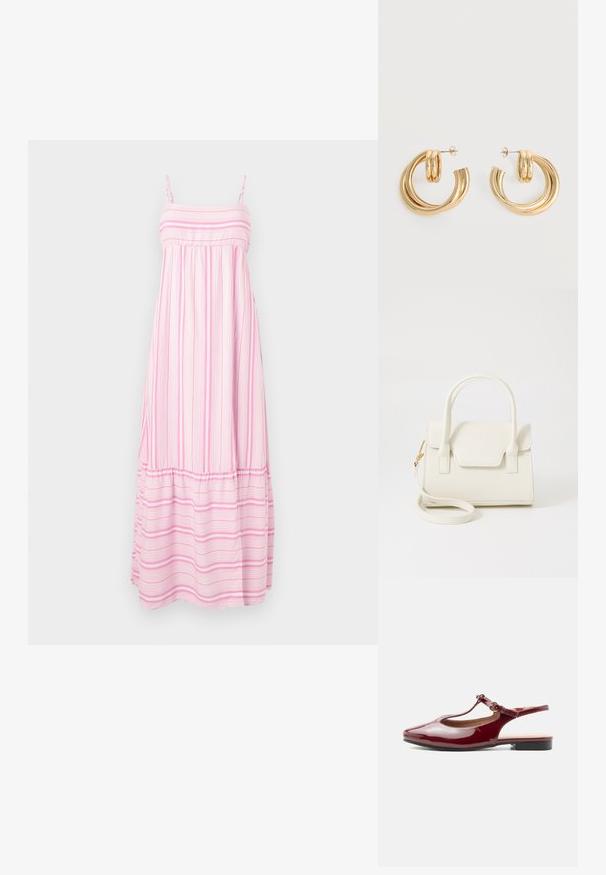 Hollister Co. BABYDOLL MAXI - Maxi šaty - light pink/white; Lesklý bordový nízkoklený slingback s T-remienkom, špicatou špičkou a nastaviteľnou prackou na bielom jednoduchom pozadí.; Malá biela kabelka s dvojitými rúčkami, prednou klopou a odnímateľným ramenným popruhom so zlatou prackou na bielom pozadí.; Pár lesklých zlatých náušníc s dvojitou slučkou a zapínaním na puzetu na bielom pozadí.