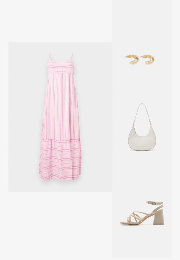 Hollister Co. BABYDOLL MAXI - Maxi šaty - light pink/white; Bežové sandále na podpätku s prekrývajúcimi sa popruhmi, sponou na členku a štvorcovým blokovým podpätkom pre stabilitu. Hladký kožený vzhľad.; Krémová kožená taška na rameno v polkruhovom tvare, so tenkým popruhom a subtílnym prešívaním. Minimalistický dizajn s akcentmi z pozlátenej ocele.; Zlaté náušnice v tvare pologuľe s hladkým povrchom, s oranžovými akcentmi pri úchyte a striebornými komponentmi.