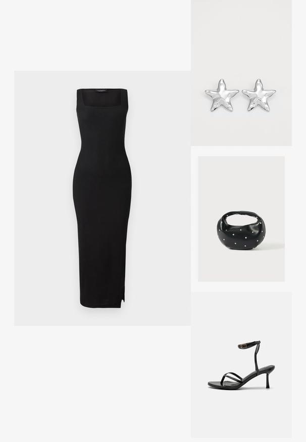 Schwarzes, geripptes Strick-Midi-Kleid mit quadratischem Ausschnitt, taillierter Silhouette und seitlichem Schlitz. Das Material hat eine glatte Textur. Einfaches Design.; Schwarze High-Heels-Sandalen mit einem schmalen Riemendesign, glatter Textur, Knöchelverschluss und einer spitzen Fußspitze. Verstellbares Knöchelriemchen.; Schwarze Lederhandtasche mit abgerundeter Form, verziert mit silbernen Nietenakzenten und kurzem Griff. Glatte Struktur und Reißverschlussverschluss.; Silberne sternförmige Ohrringe mit einer polierten, glänzenden Oberfläche. Jeder Ohrring hat fünf Spitzen und dezente Oberflächentexturdetails.