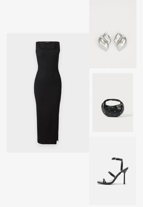 Vestido midi de punto acanalado negro con escote cuadrado, silueta ajustada y abertura lateral. El material tiene una textura suave. Diseño simple.; Sandalias de tacón alto de charol negro con tres tiras horizontales y una correa en el tobillo ajustable. Silueta elegante y acabado brillante.; Bolso de mano de cuero negro con forma redondeada, decorado con detalles de tachuelas plateadas y un asa corta. Textura lisa y cierre con cremallera.; Pendientes de plata con una forma orgánica y abstracta. Superficie lisa y brillante con un diseño cónico. Presentan suaves curvas y un detalle de línea central.