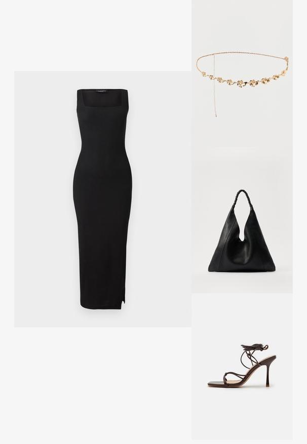 Vestido midi de punto acanalado negro con escote cuadrado, silueta ajustada y abertura lateral. El material tiene una textura suave. Diseño simple.; Simmi London MACIA - Sandalias de tacón - chocolate; Bolso de cuero negro con una apertura única en forma de V, que presenta un asa trenzada y una superficie texturizada. Diseño minimalista con curvas suaves.; Delicado cinturón de cadena de oro con pequeñas flores enlazadas y una cadena de extensión ajustable sobre un fondo blanco liso.